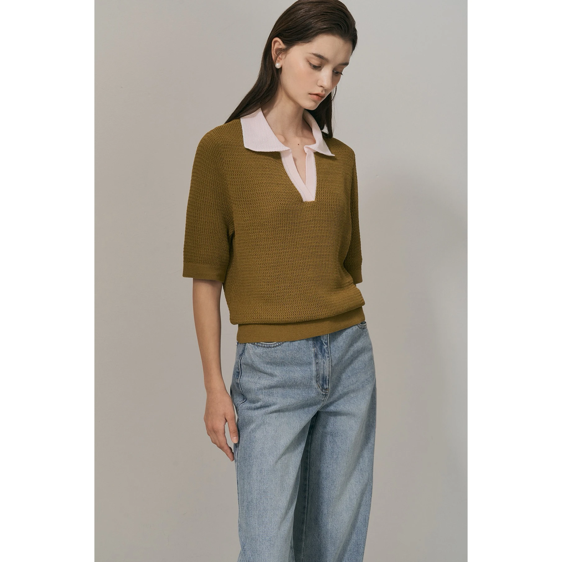 Elegant Vintage Color Block Collar Texture Short Sleeve Knitted Sweater Versatile Lemon Cheese MIN26 Early Autumn Fashion