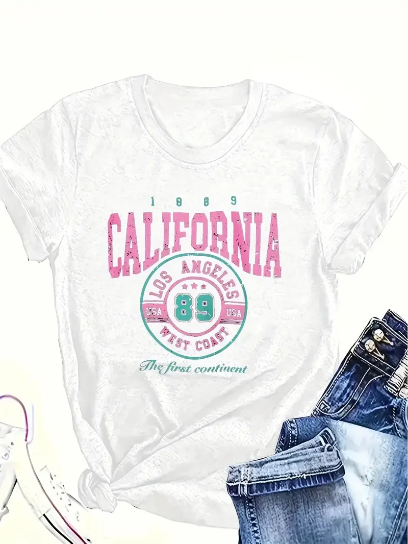 Camiseta de manga corta para mujer talla grande, estampado retro California Los Angeles, moderna y vintage