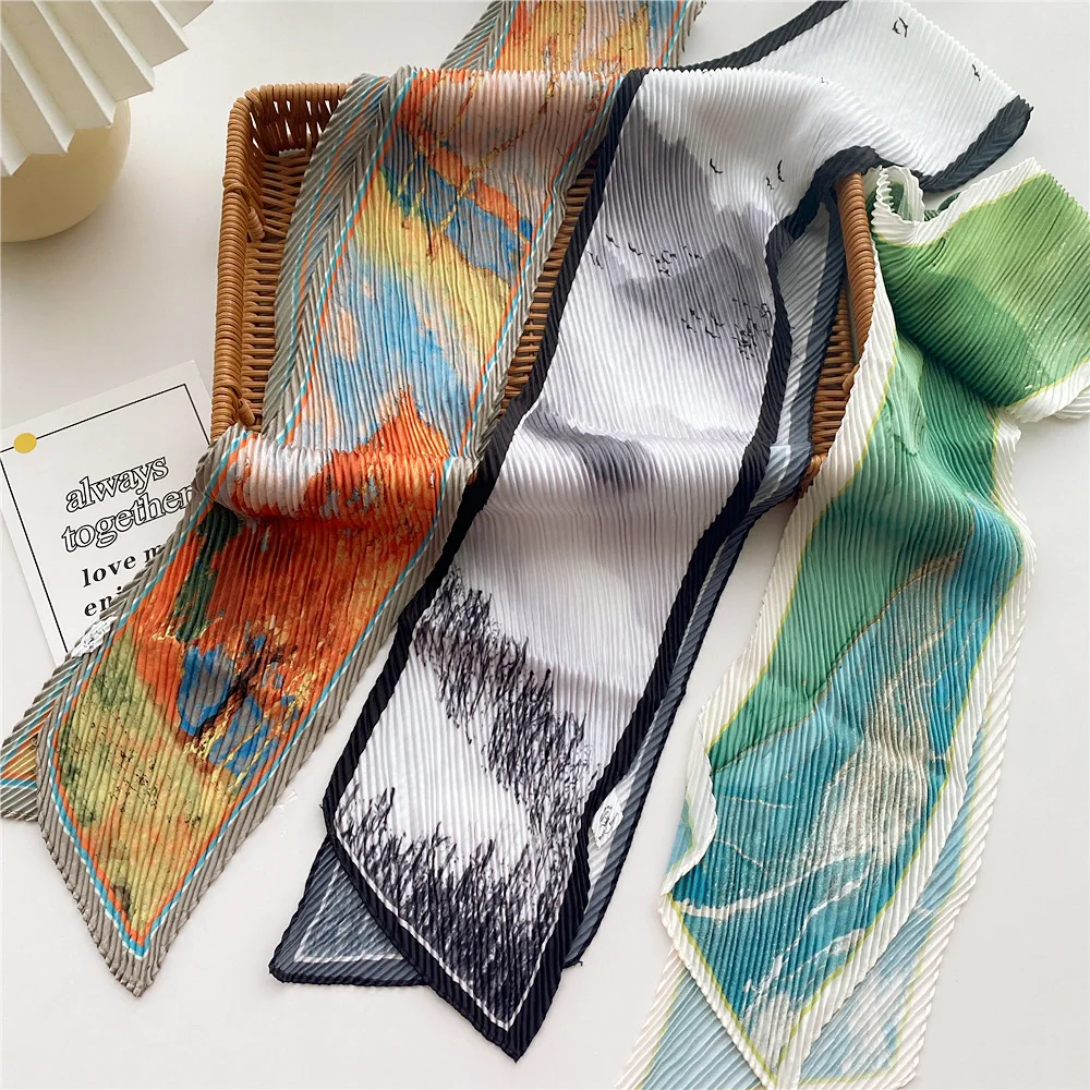 New Pleated Small Silk Scarf For Women In Summer Thin Printed Handbag Scarf Ribbon Bag Accessories Women\'s Headband Long Scarves