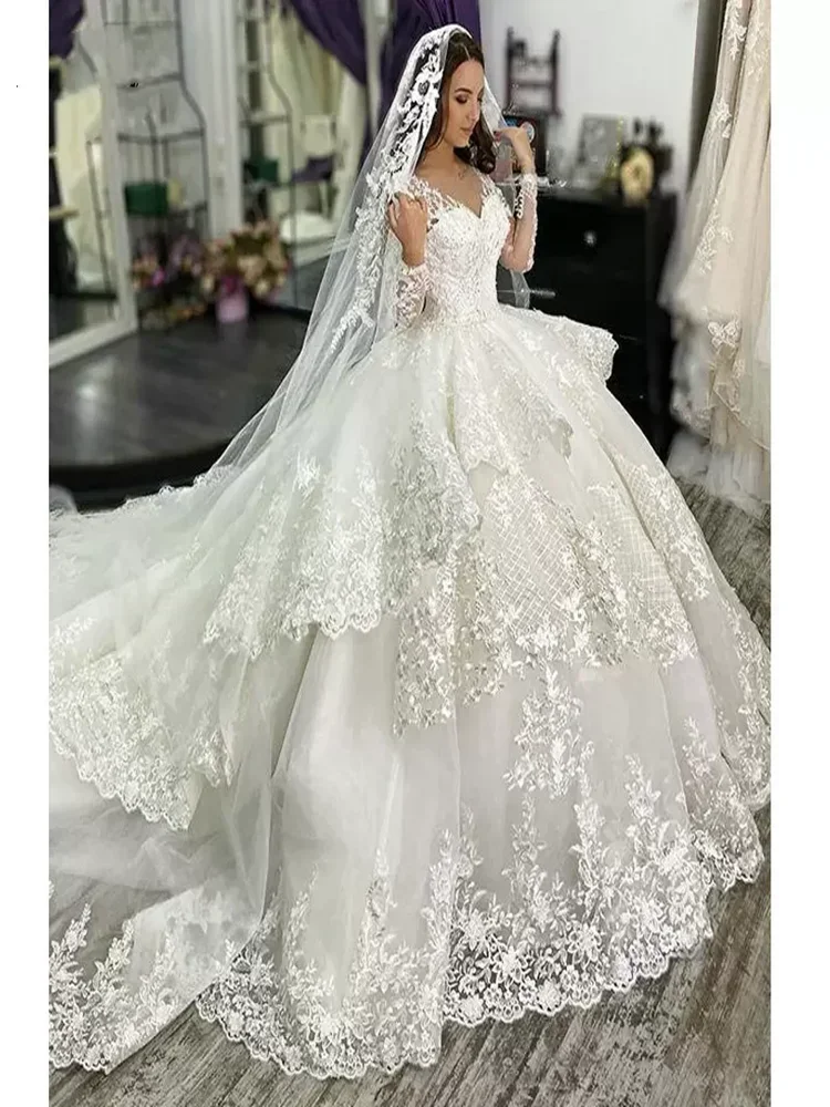 맞춤 디자인 V넥 풀 레이스 웨딩드레스 베스티도스 데 카사멘토 빅 트레인 롱 슬리브 퍼피 럭셔리 브라이덜 가운