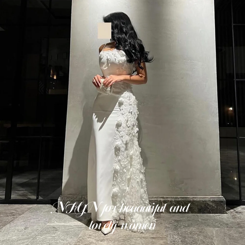 

NFYN White Elegant Formal Gown Regular Satin Prom Dress Mermaid 3D-Flowers Pleats Evening Dresses robes de soirée Customized