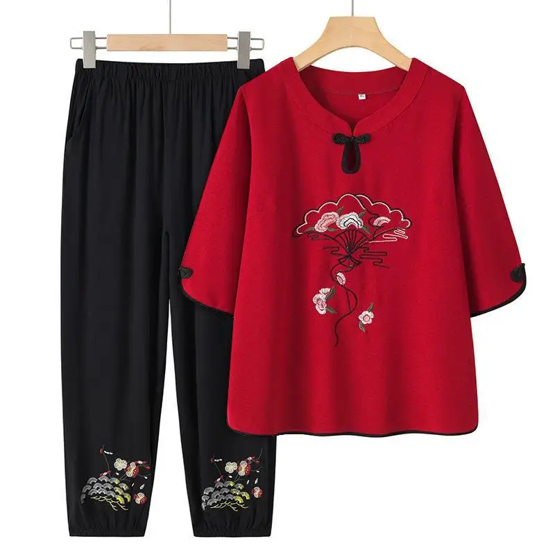 Embroidery Spring Summer Clothing For Middle-aged Mother Two Piece Set For Women Outfit Half Sleeve Top Pant Sets Grandma Suit