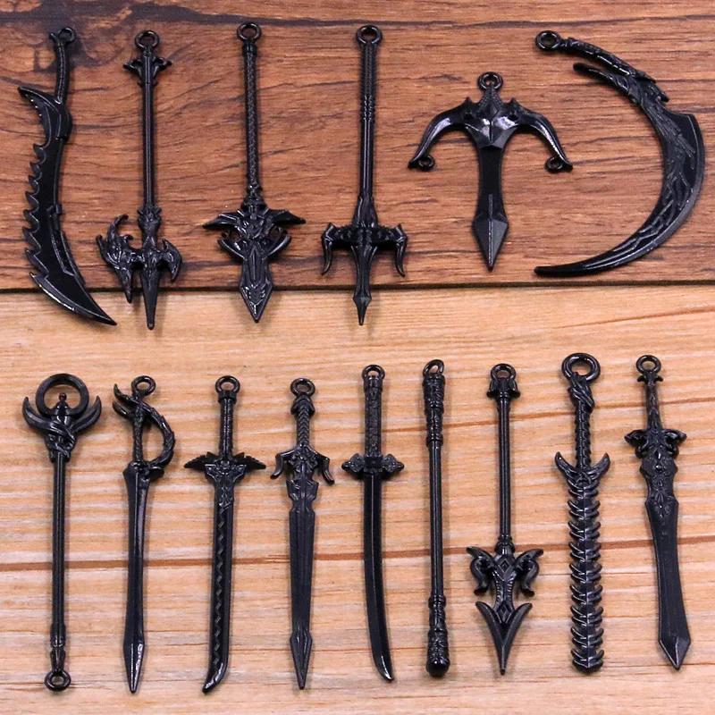 10PCS 15 Styles Mixed Alloy Black Knight Sword Knife Gun Bow Charms For Jewelry Making DIY Handmade Weapons Pendant Wholesale