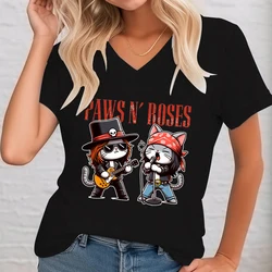 Paws Funny Cat Rock Star Trendy Cat Graphic T-shirt Women Fun Guitar Music Lover Classic Tops Gift for Rock Music Cat Lover Tops
