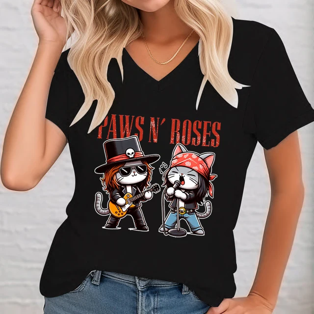 Paws Funny Cat Rock Star Trendy Cat Graphic T-shirt Women Fun Guitar Music Lover Classic Tops Gift for Rock Music Cat Lover Tops