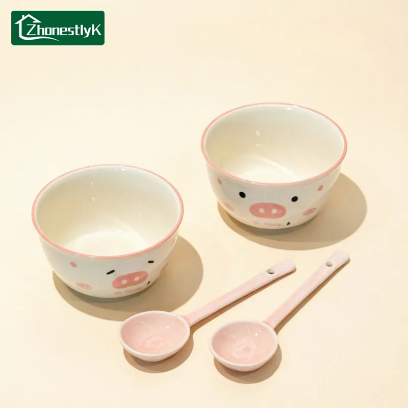 2er-Set Niedliche Rosa Kleine Schweinchen-Keramik-Reisschalen Cartoon Anti-Verbrühungs-Suppenschalen für Küche und Zuhause Nudel- und Ramen-Geschirr