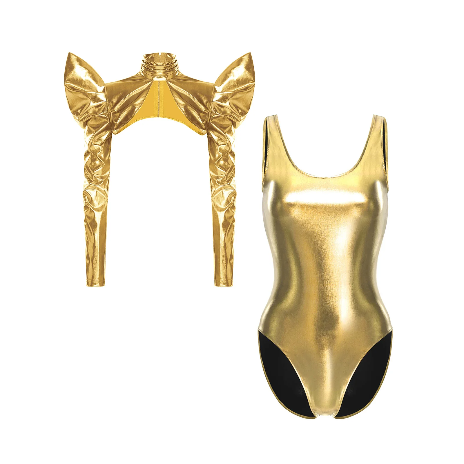 Women Sleeveless Metallic Shiny Bodysuit with Long Sleeve Shoulder Armor Clubwear Halloween Party Space Alien Robot Costume
