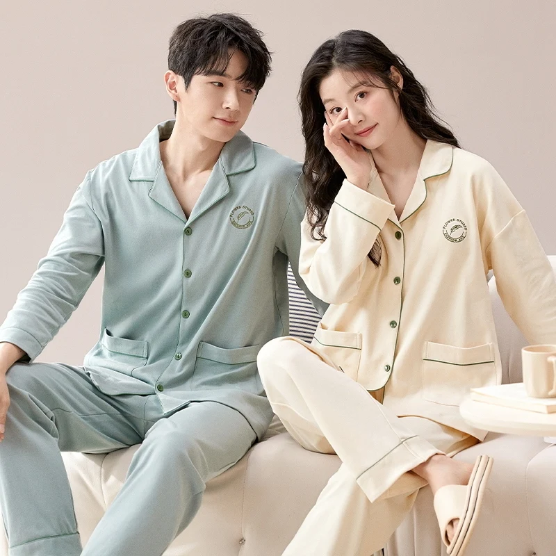 Ensembles de pyjama à manches longues pour couple, 2024 coton, vêtements de nuit coréens, vêtements d'intérieur pour hommes et femmes, automne et hiver 100%