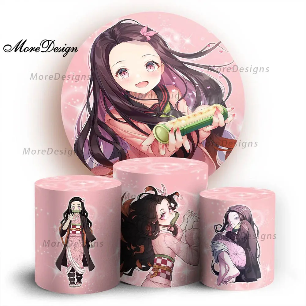 

Demon Slayer Kamado Nezuko Round Backdrop Girls Birthday Party Circle & Cylinder Cover Baby Shower Fabric Photography Background