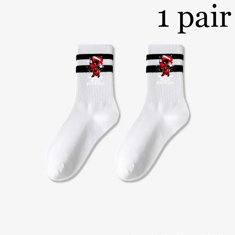 Cartoon Dead-pool Mid Tube Socks for Men Women Breathable Mid Stockings Casual Women Fashionable Black White Plain Stripes Socks