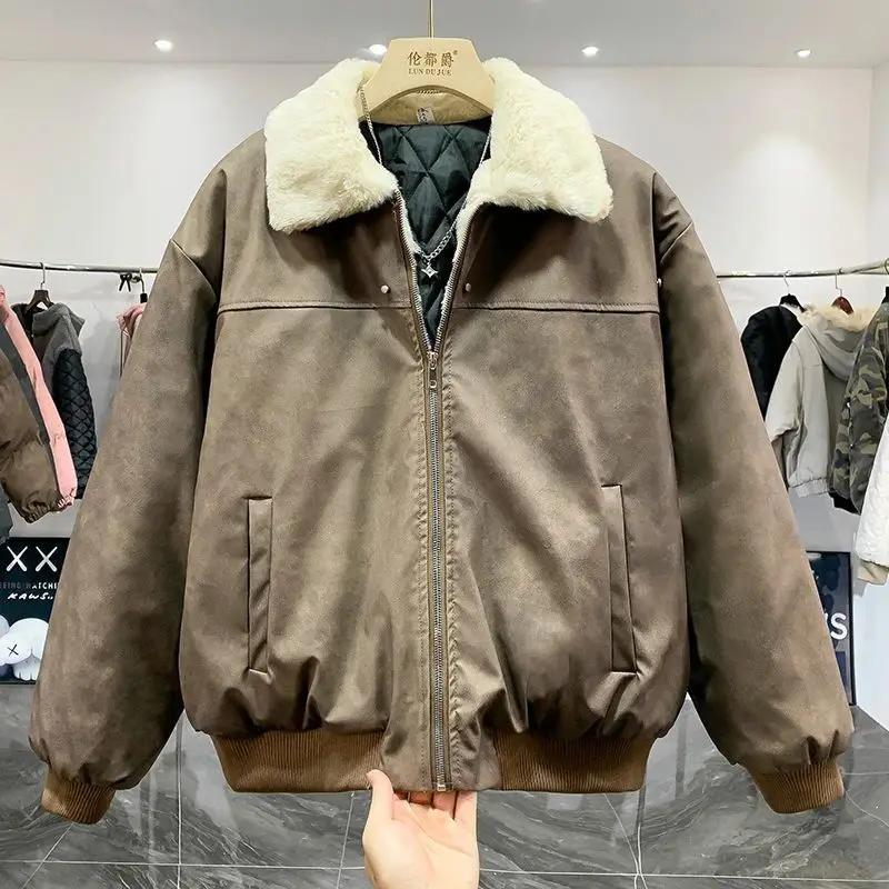 2025 New Faux Shearling Collar Vintage Jacket Men Winter Thick Warm Padded Coat American Style Workwear Cotton Outerwear