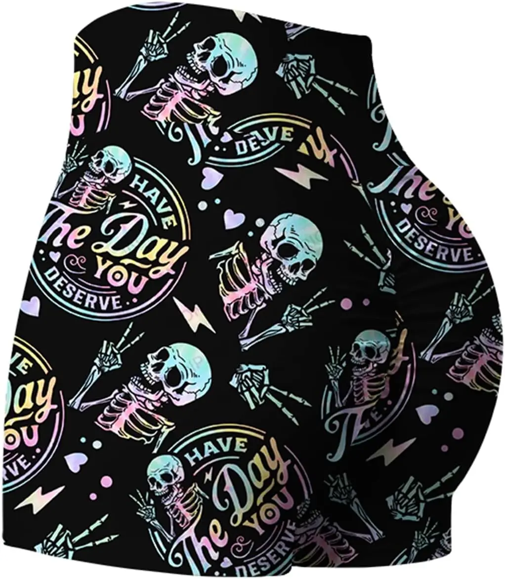 Skull Yoga Shorts Women High Waist Skeleton Biker Shorts Gothic