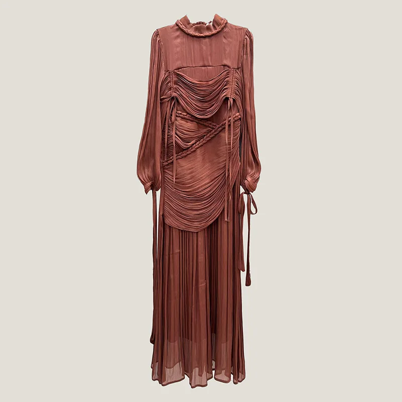 Southeast Asia Bestselling Elegant Style2025New Early Autumn Stand Collar Lantern Sleeve Pleated Flared Long Dress