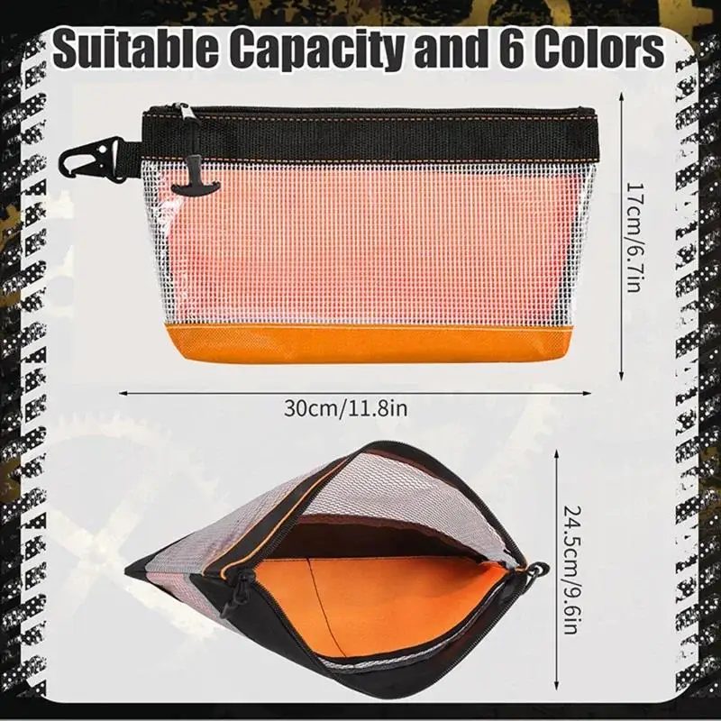 Heavy-Duty Clear Tool Pouch With Zipper & Mesh Window Electrician Utility Bag For Small Tools Storage