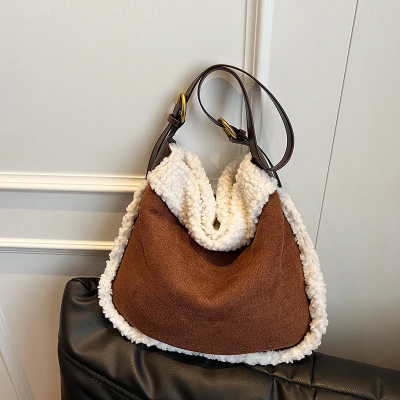 

Women's Solid Color Suede & Shearling Hobo Bag - Winter Warm Faux Fur Trim Shoulder/Crossbody Bag for Stylish Daily Commute