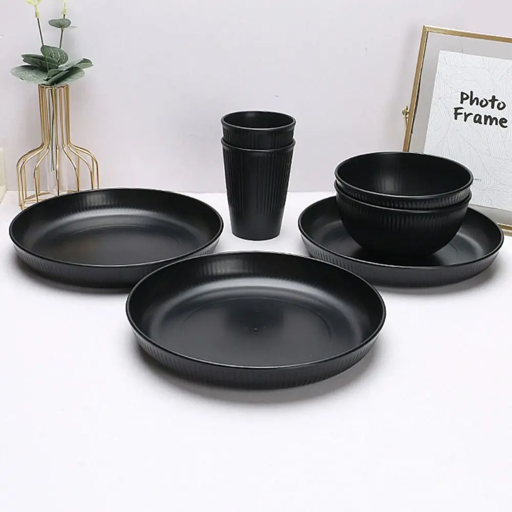 3pcs/set Household Plastic Black Tableware Set Vertical Stripes Anti-fall Cutlery Set Plate/Bowl/Cup Outdoor