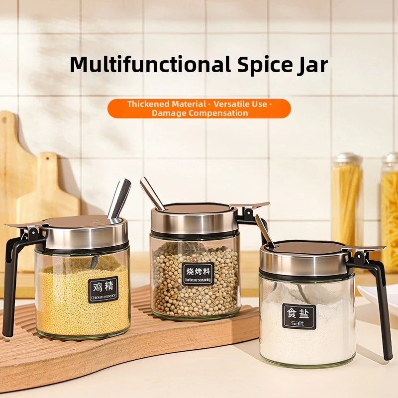 Glass Spice Jar Set Airtight Glass Seasoning Bottle Salt Container Glass Condiment Canister Kitchen Storage Organizer With
