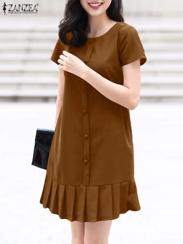 

Elegant Short Sleeve Pleated Sundress 2025 ZANZEA Fashion Summer Dress Women Stylish Solid Work Party Knee-length Vestidos Robe