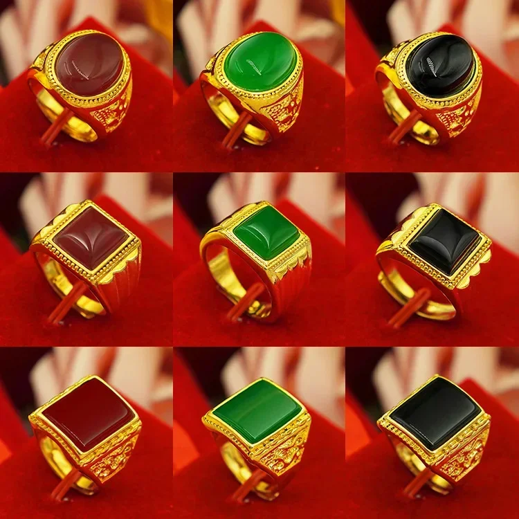 

9999 Real Gold 24K Gold Edition Pure Gold Ring Men's Jewelry Agate Ring