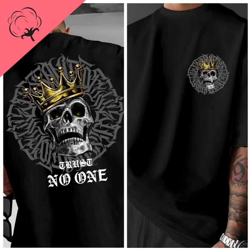 تي شيرت بنمط جمجمة وتاج قوطي - ظهر فضفاض على طراز الشارع مطبوع بكلمات "TRUST NO ONE" من القطن الخالص للجنسين عصري #6
