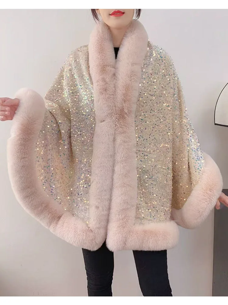 ZADORIN Fashion Sequins Long Furry Warm Faux Fur Coat Woman Autumn Winter Fur Cape Ponch Wedding Party Fur Shawl Cloak Cardigans
