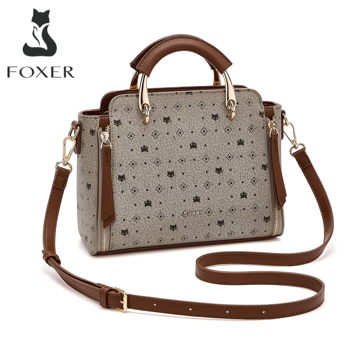 FOXER Vintage Leather Women Handbag Classic TopHandle Tote Bag PVC Leather Large Capacity Shoulder Bag Ladies Crossbody Purse