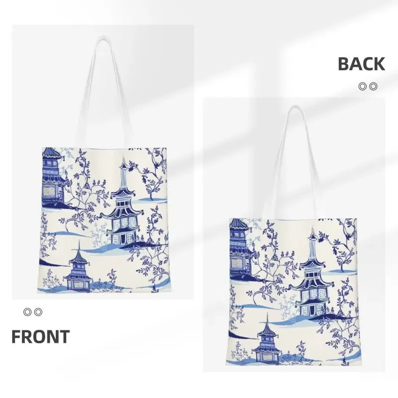 Chinoiserie Tea House Vintage Art Grocery Shopping Bags Canvas Shopper Shoulder Tote Bag Delft Blue Oriental Willow Handbag