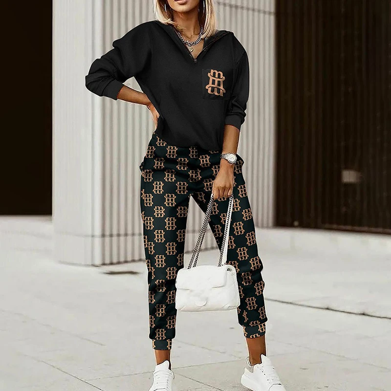 New 2022 Women Fashion Plaid Print Splicing Zipper Front Hooded Top & Pants Set Elegant Two Pieces Suit Flare Pants Outwear