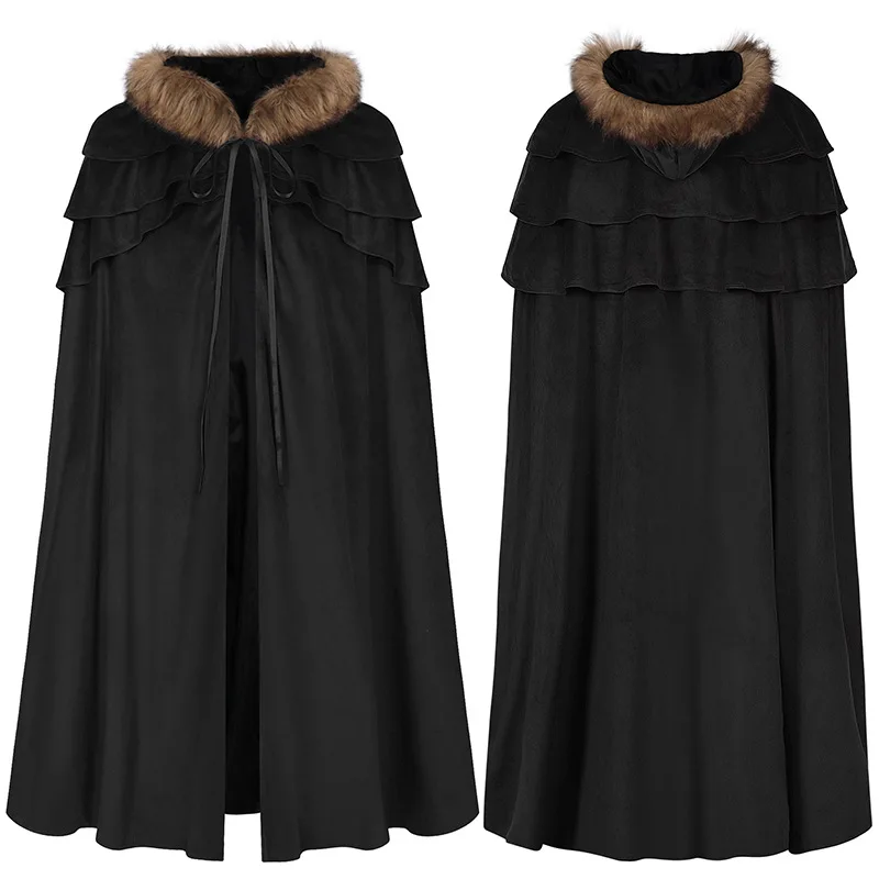 Mantello da donna gotico di alta qualità Costume di Halloween mantello da uomo medievale con collo di pelliccia invernale Larp Viking Cosplay Cape