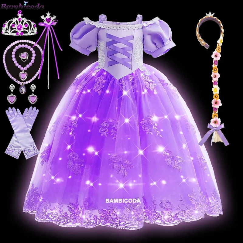 Girls Rapunzel Princess LED Light Up Dress for Kids Halloween Cosplay Costume for Birthday Party Gift Purple Sequins Sofia Dress