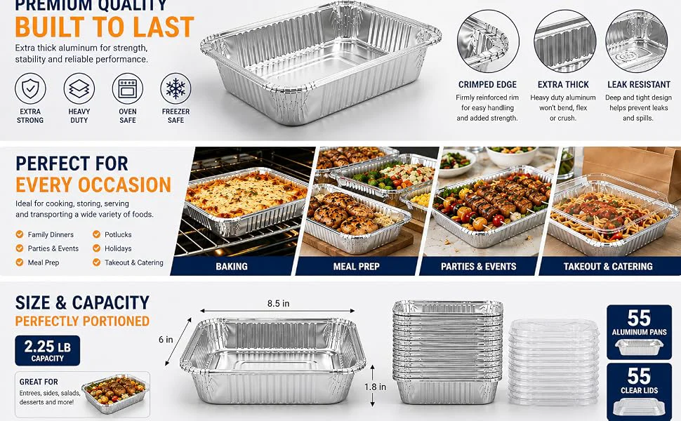55 Pack 8.5' X 6' Aluminum Pans with Lids, 2.25 LB Foil Food Containers Heavy Duty Tin Foil Pans with Clear Plastic Covers for Meal Prep, Baking, Freezer Storage, Takeout & Catering