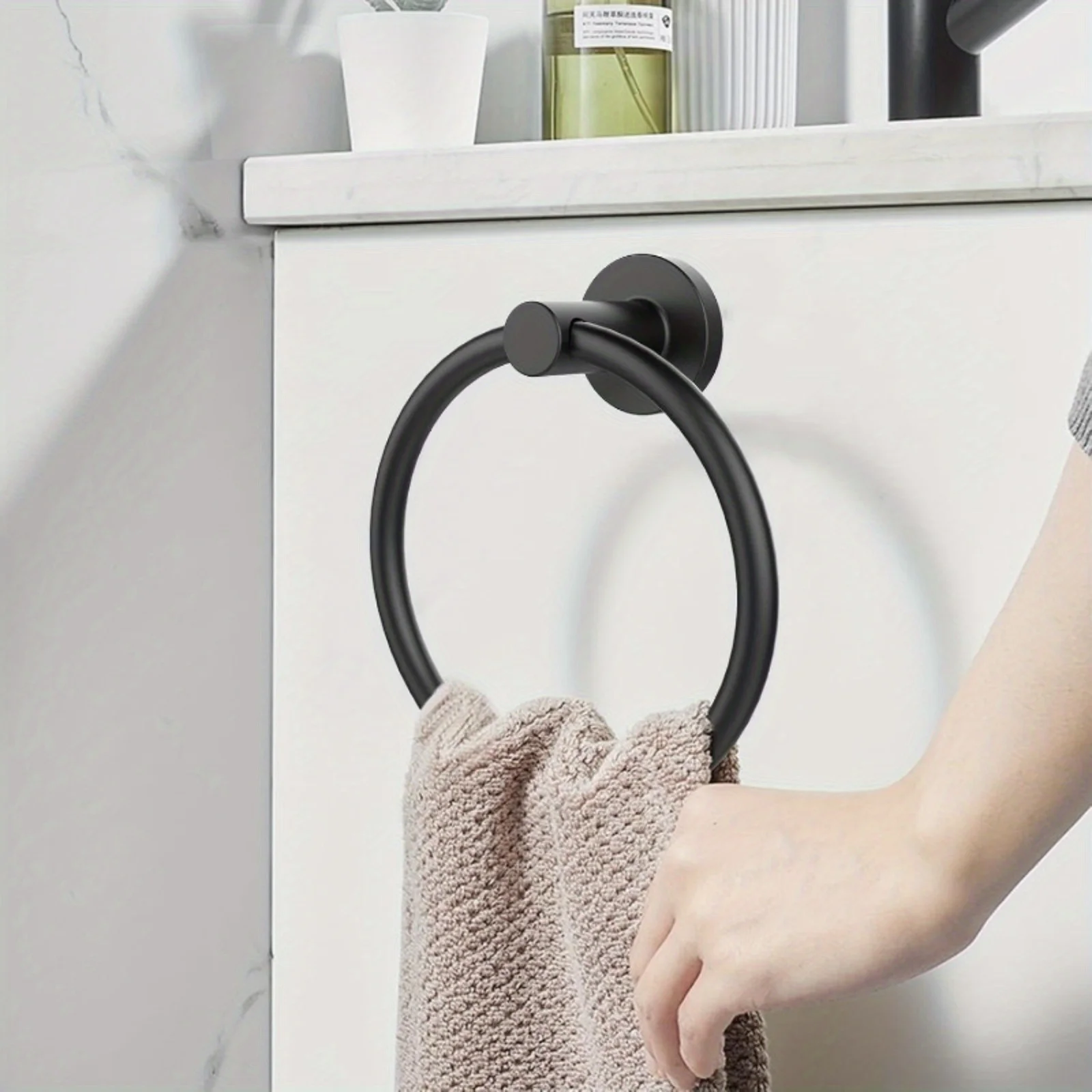 1pc 15.8×6.22in Bathroom Wall Matte Black Towel Ring, Stainless Steel Hand Towel Rack Heavy Duty Bathroom, Kitchen Towel Hand H