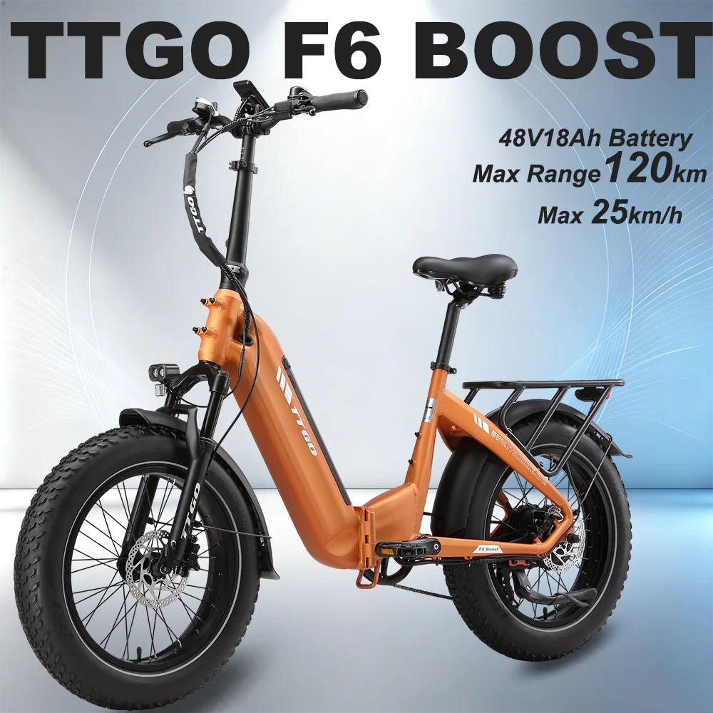 Bicicletta elettrica F6 Boost con pneumatici larghi 20' x 4.0, 48V 18Ah, autonomia di 140 km, motore con sensore di coppia da 250W 70Nm, bicicletta elettrica con doppia sospensione per adulti – TTGO E