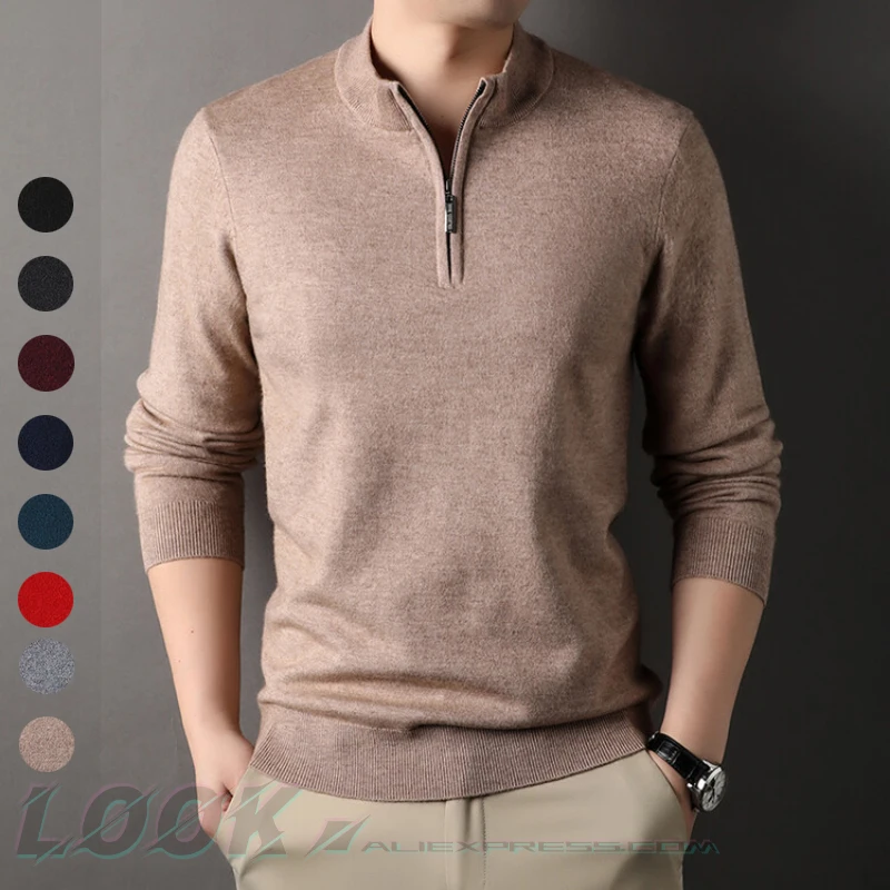 High-quality Men's Half-high Collar Zip-up Sweater, Solid Color Business Casual Stretchable Casual Warm Pullover.M-4XL