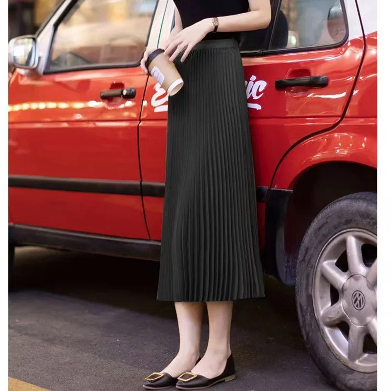 Summer New Pleated High Waist Thin Skirts Solid Color Loose All-match Plus Size A-line Skirt Elegant Fashion Women Clothing