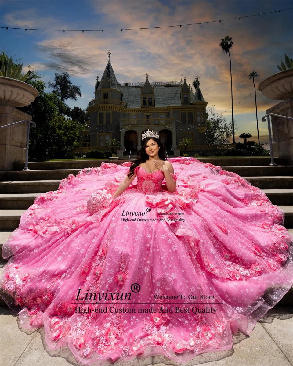 Glitter Roze Quinceanera Jurk Baljurk 3d Bloemen Applique Kralen 2024 Mexicaanse Zoete 16 Vestidos De 15 Anos