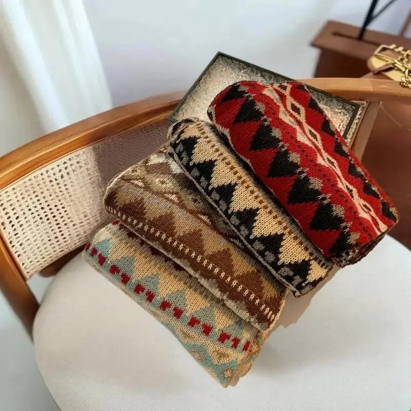 

Женский зимний жаккардовый вязаный шарф в ретро-стиле, утолщенный, теплый, шерстяной, модный шарф