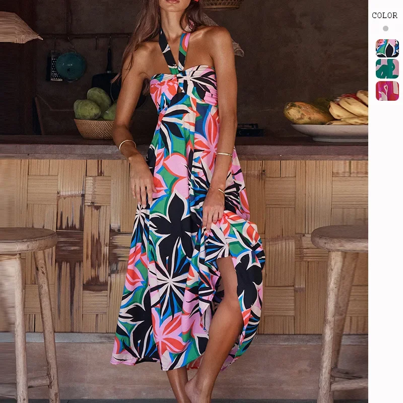 

GZHMR2024 Summer Dress Hanging Neck Sleeveless Printed A-line Bohemian Long Dress Women sexy dress streetwear dresses