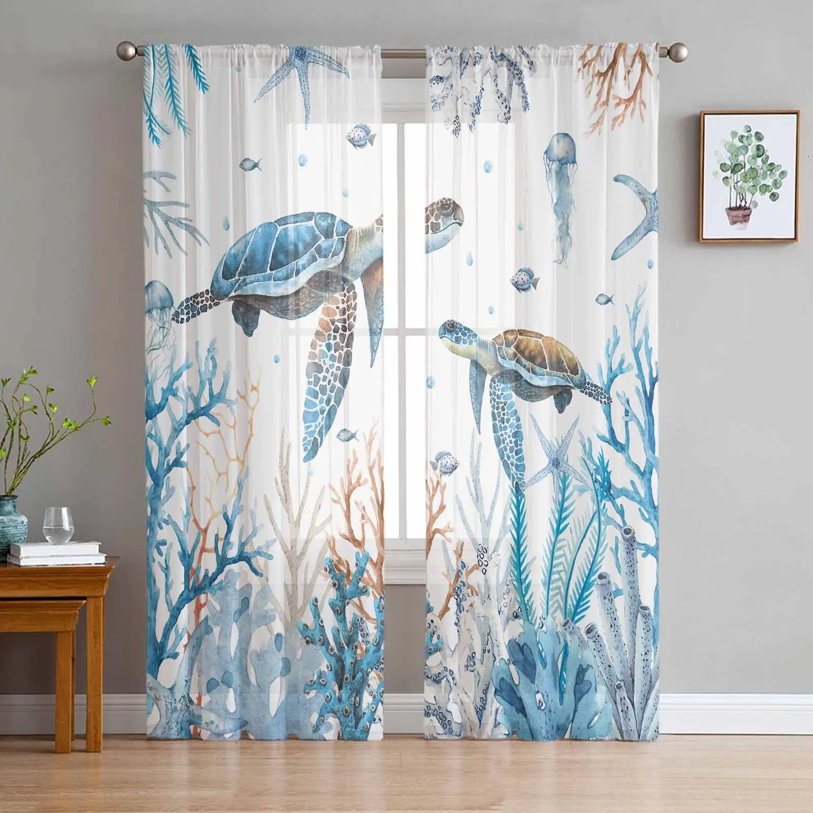 

Summer Ocean Starfish Sea Turtle Sheer Curtains for Living Room Decoration Window Curtains Kitchen Tulle Voile Organza Curtains