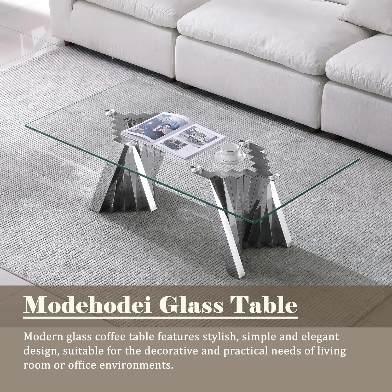 Glass Coffee Table, 51"" Center Table With Tempered Glass Tabletop And Mirror Finish Stainless Steel Legs, Modern Rectangular