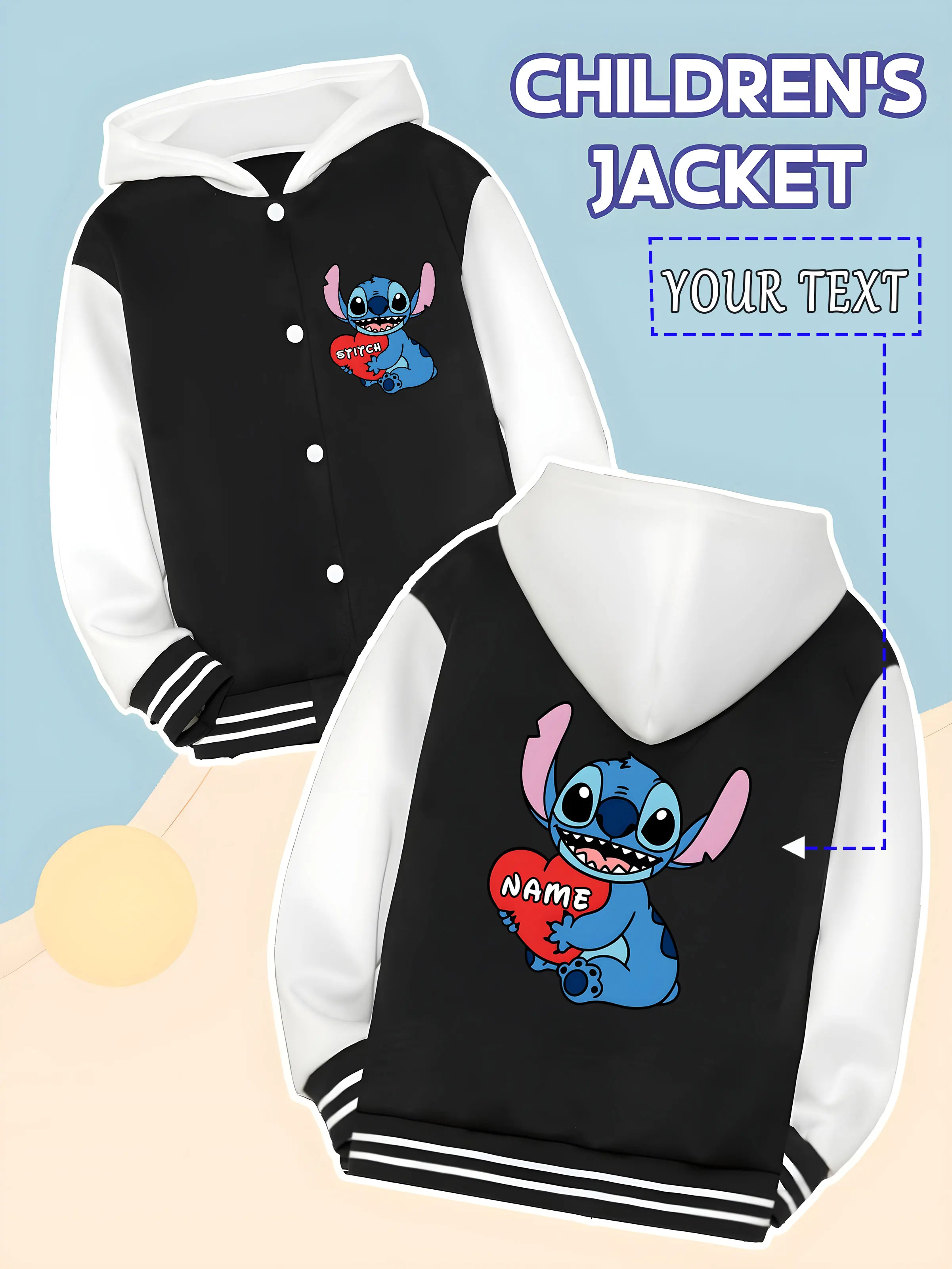 

MINISO Disney Stitch Heart Children's Baseball Jacket - Stitch holding a heart pattern, cute and adorable, perfect for daily sch