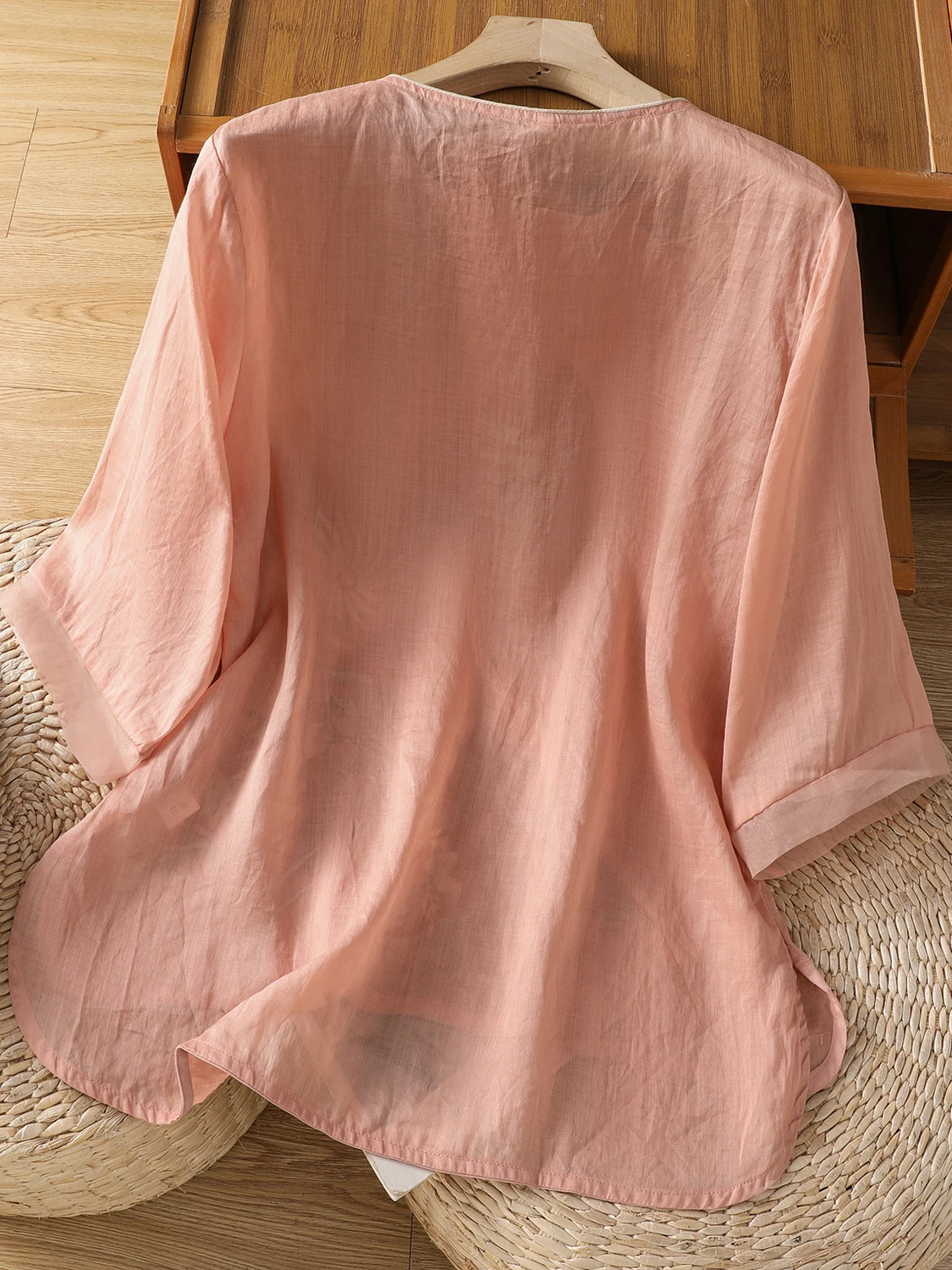 Artistic Embroidered Oversized round Ne Five-Quarter Sve Loose Slimming Top Summer Casual Cotton Blend Women's irt