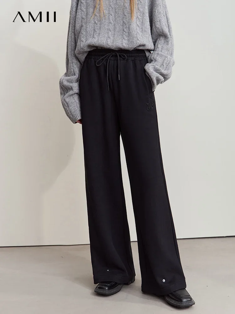 

Amii 2024 Winter New Women Clothing Drawstring Straps Embroidered Two-wear Casual Pants Velvet Wide-leg Pants Trousers 12444170