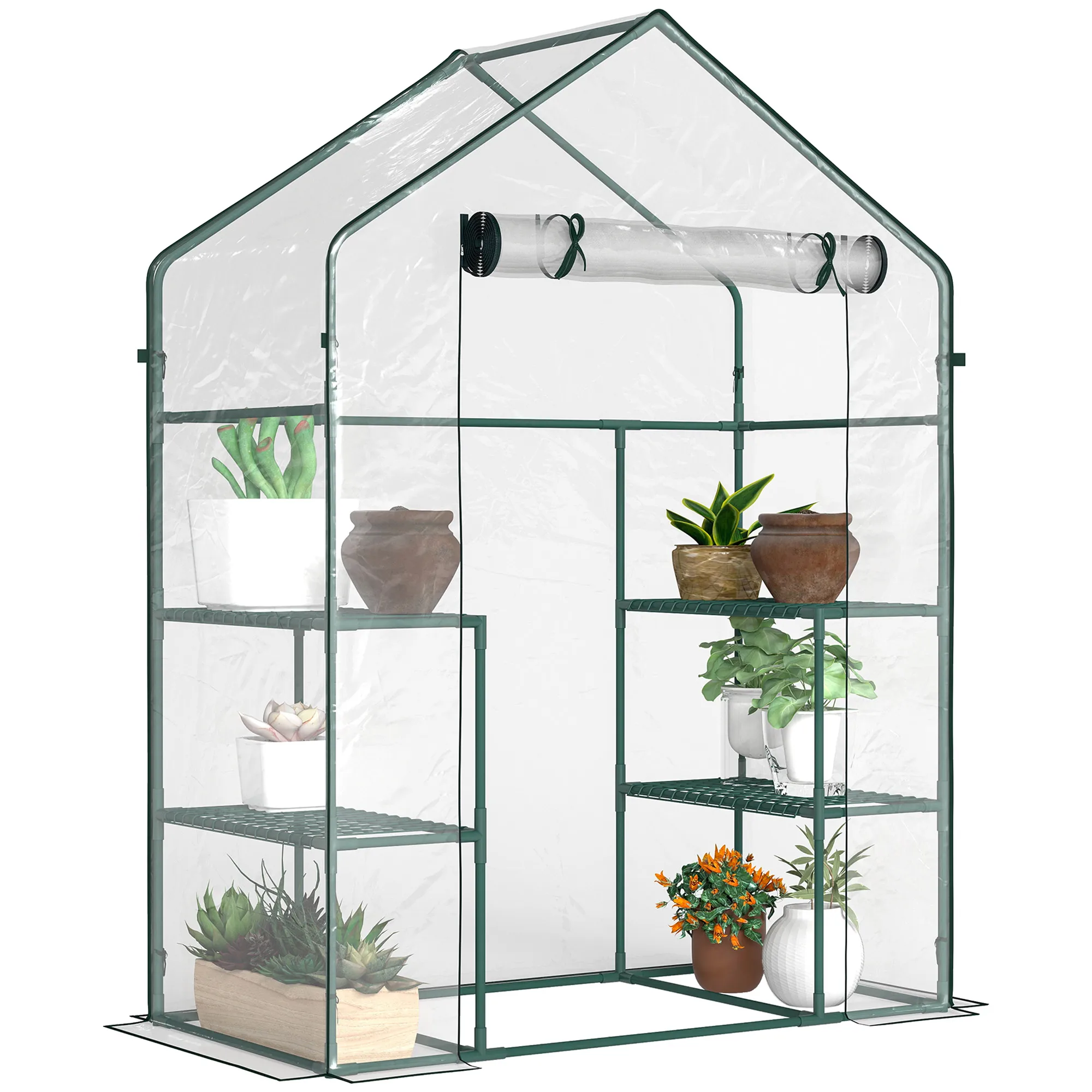 

5' X 2.5' X 6.5' Mini Walk-In Greenhouse Kit, Portable Green House with 3 Tier Shelves, Roll-Up Door, and Weatherproof Plastic Cover for Backyard Garden, Clear