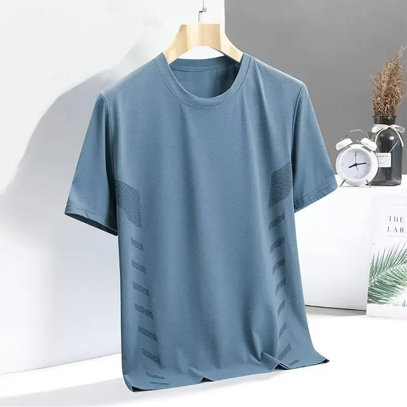 Middle Age Summer Ice Shreds Short Sleeved Men Thin Style Quick Drying Mesh Solid Color Round Neck Printing Breathable T-shirt