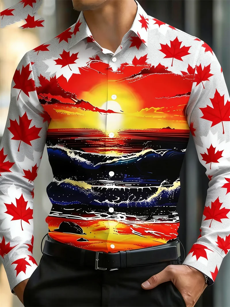 New Hawaiian men's fashionable casual snow mountain street beach 3D wave print long sleeved button up shirt top