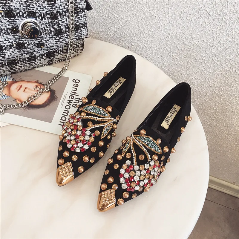 Women\'s Flat Sole Single Shoe Baotou Slippers 2023 Spring New Rivet Single Shoe Rhinestone Pointed Women\'s Shoe Lazy Muller Shoe