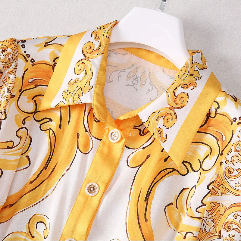 خمر طباعة المرأة فستان أنيق موضة جديدة واحدة الصدر بدوره إلى أسفل تي شيرت بياقة حزام تنورة طويلة الصيف الملابس النسائية #4