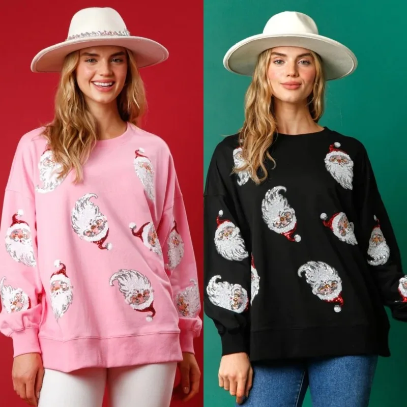 Christmas Ginger Bread Man Sequin Sweatshirt Ladies Crew Neck Pink Pullover Sweatshirt For Women 2025 New Years