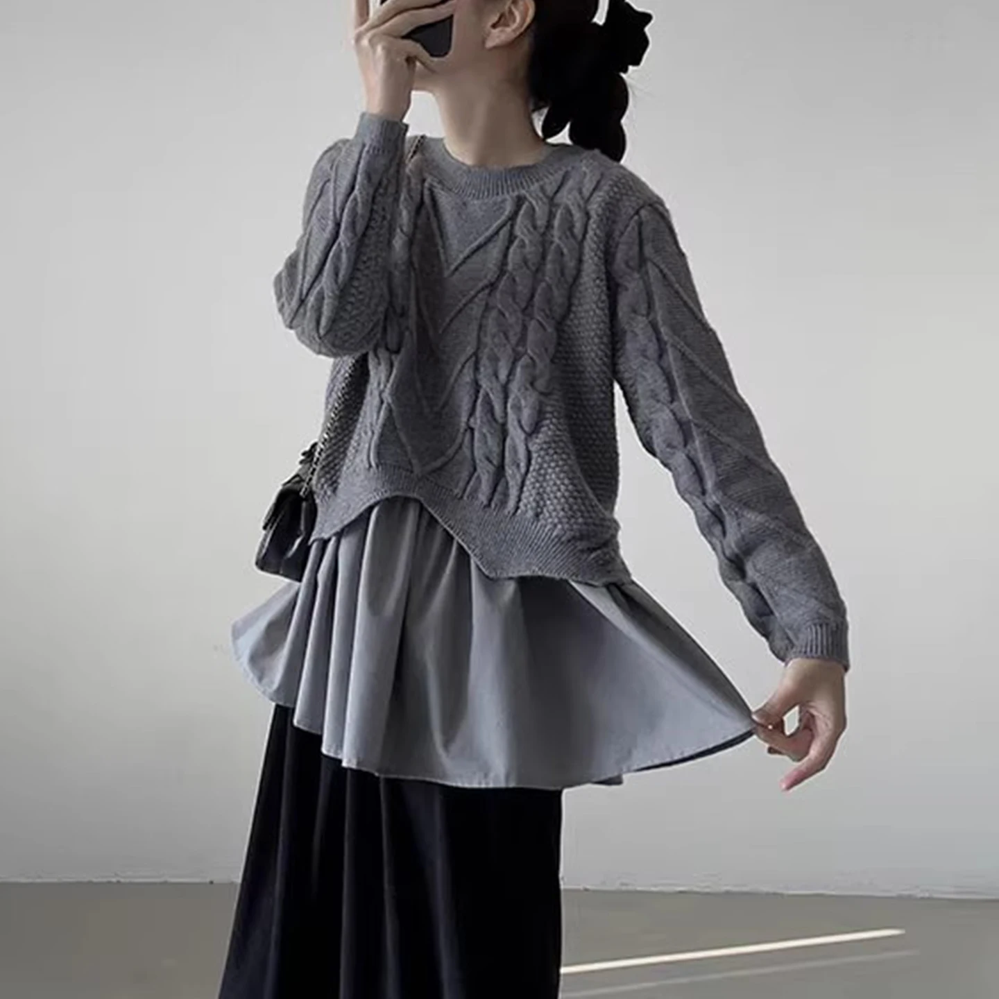 디자인 센스 스플라이스 롱 니트웨어 여성용 신상 가을 슬림핏 라운드 넥 레귤러 얇은 무브랜드 출퇴근용